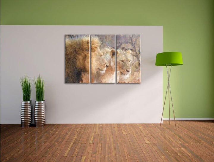 Pixxprint stolzes Löwenpaar Kunst als Leinwandbild | Grösse: 3 Teilig (120x80) | Wandbild| Kunstdruc