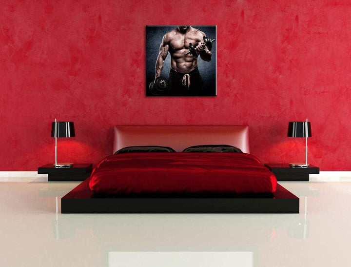 Pixxprint Starker Bodybuilder mit Hantel, Format: 70x70 auf Leinwand, 70x70