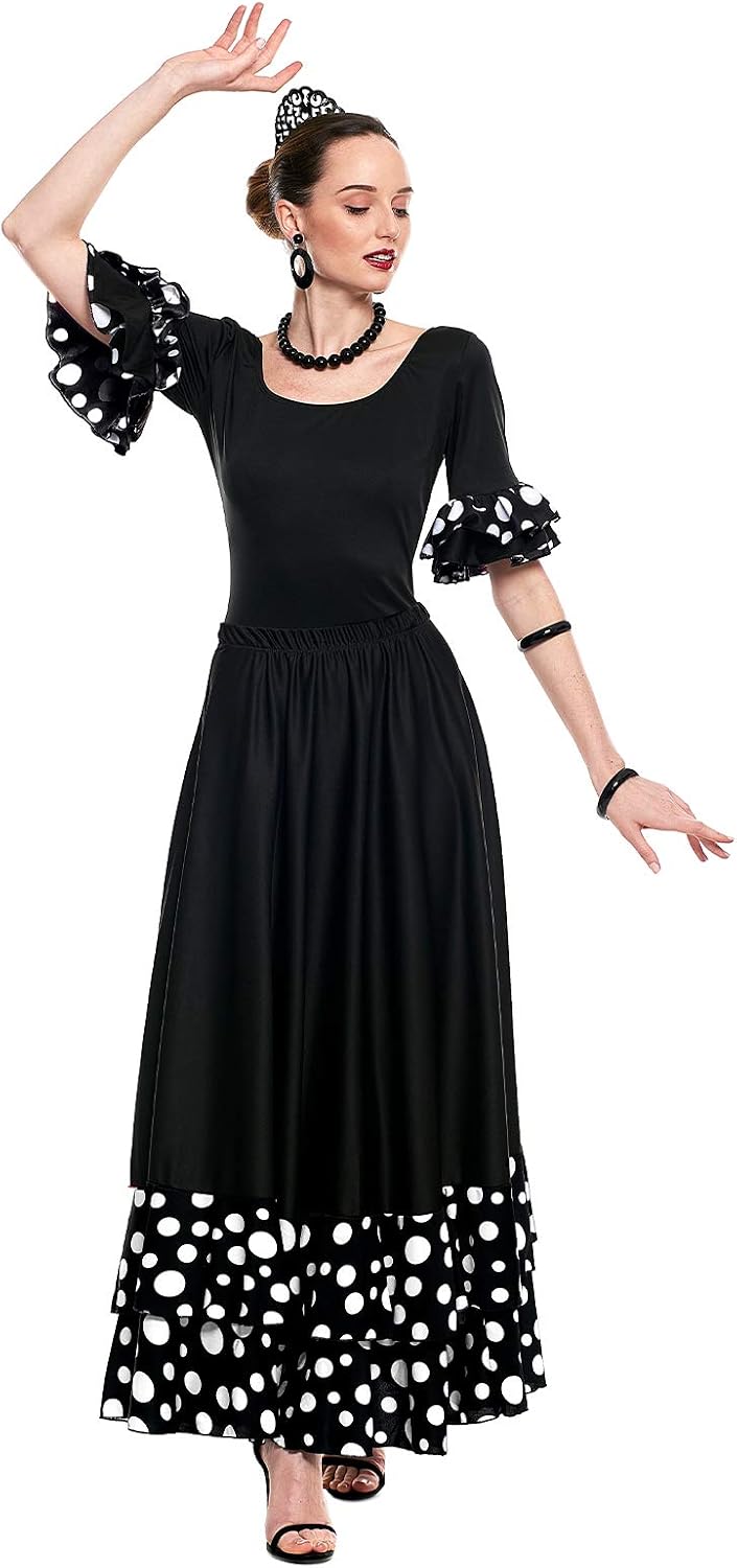 Flamenca-Rock für Damen, gepunktet, Volant, zweifarbig, Erwachsenengrössen: S bis XXL, rot, schwarz,