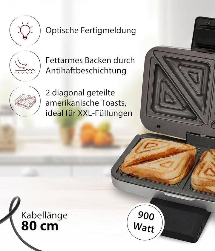 Cloer 6259 Sandwichmaker, 900 W für 2 diagonal geteilte Toasts, American Toasts, XXL Füllungen Silbe