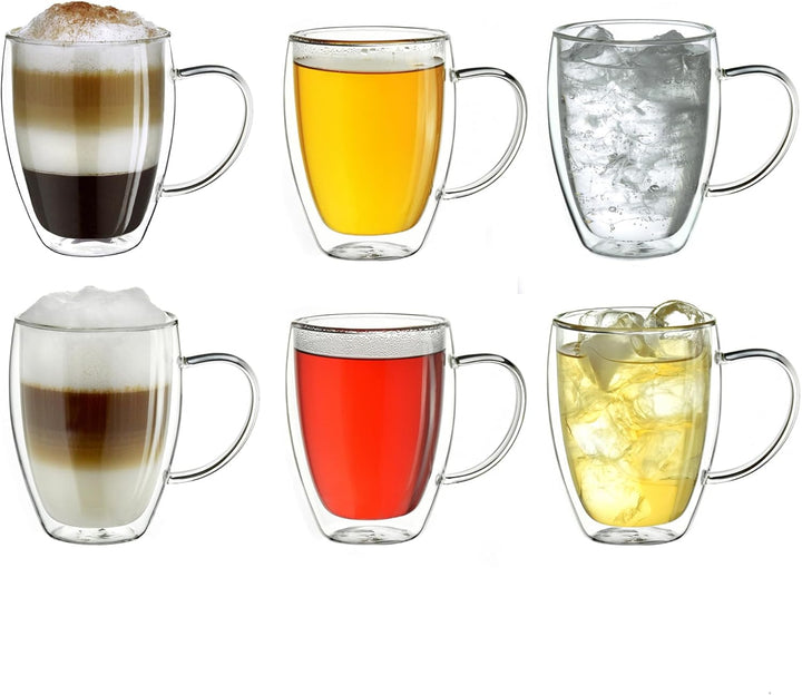 Creano doppelwandiges Thermoglas mit Henkel 400ml, grosses Doppelwandglas aus Borosilikatglas, Kaffe
