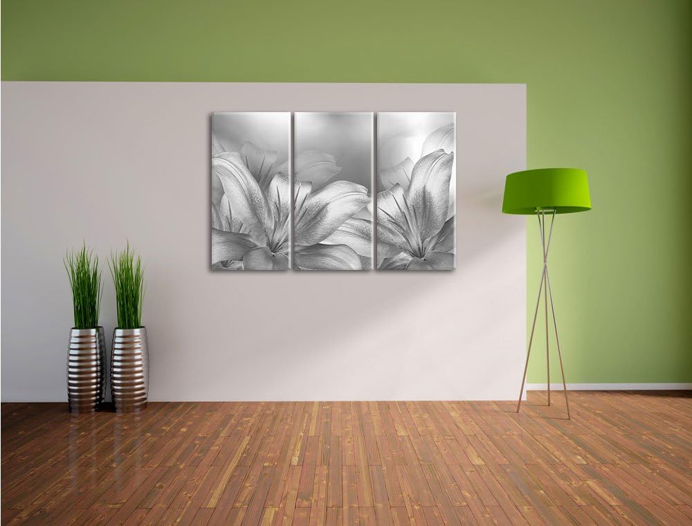 Pixxprint türkise Lilien Kunst B&W als Leinwandbild/Grösse: 3 Teilig (120x80) / Wandbild/Kunstdruck/