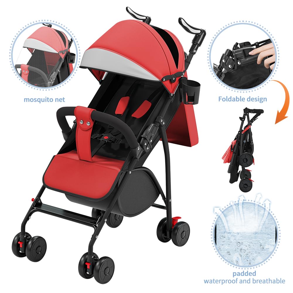 Kinderwagen mit Verstellbarem Schiebegriff, 4-Rad Liegebuggy ab 0–4 Jahre, Höhenverstellbar, Leicht