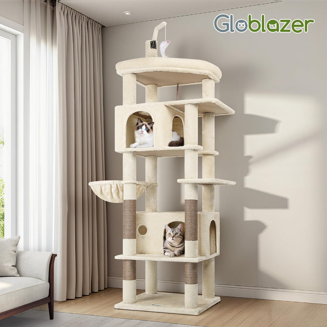 Globlazer Kratzbaum Beige Grosse hoch 188 cm mit 2 Gross Katzenhaus, Grosse Gepolsterte Plattform, W
