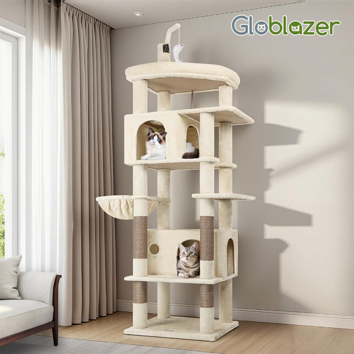 Globlazer Kratzbaum Beige Grosse hoch 188 cm mit 2 Gross Katzenhaus, Grosse Gepolsterte Plattform, W