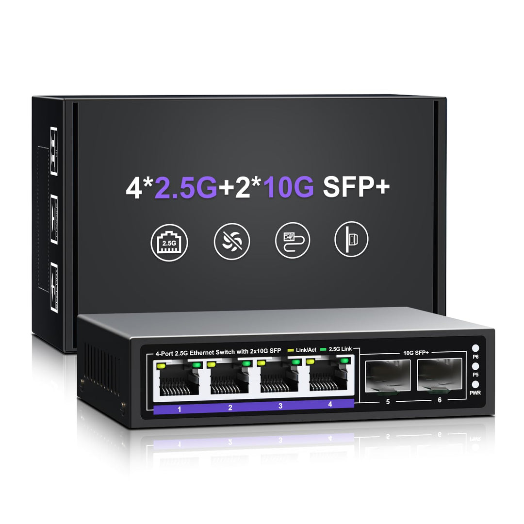 6-Port 2.5G Unmanaged Ethernet Switch, 4 x 2.5G Base-T-Ports, 2 x 10G SFP+, kompatibel mit 100/1000/