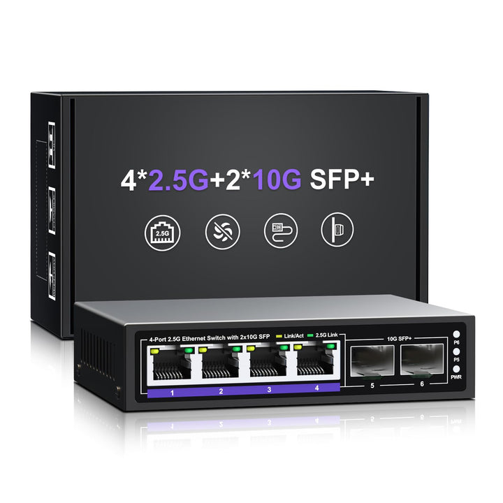 6-Port 2.5G Unmanaged Ethernet Switch, 4 x 2.5G Base-T-Ports, 2 x 10G SFP+, kompatibel mit 100/1000/