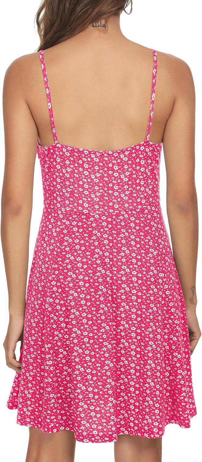 Missufe Damen Sommerkleid Swing Blumenkleid Freizeitkleid Spaghettiträger Cami Kleider XS Heisses Ro