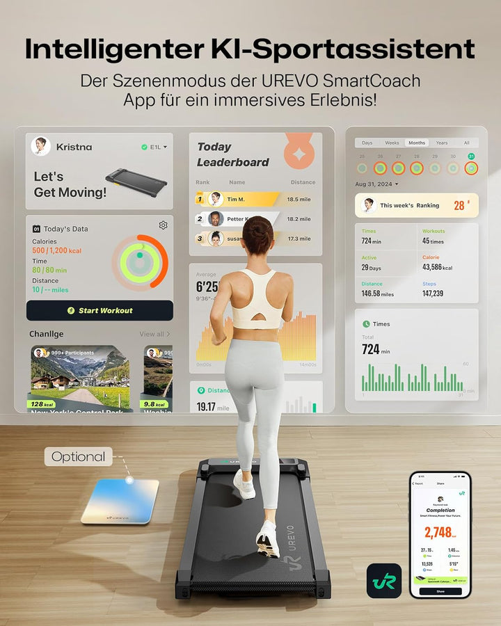 UREVO Smart Walking Pad, kompaktes Laufband unter Schreibtisch mit doppelter Stossdämpfung, Workout-
