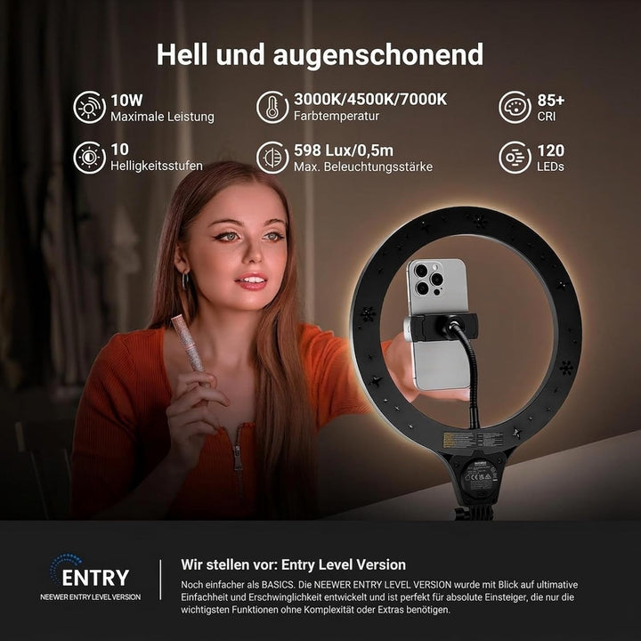 NEEWER Entry Level Version 10,5" 10W Ringlicht mit 46“-63" Stativ, Handyhalterung für Deckenmontage,