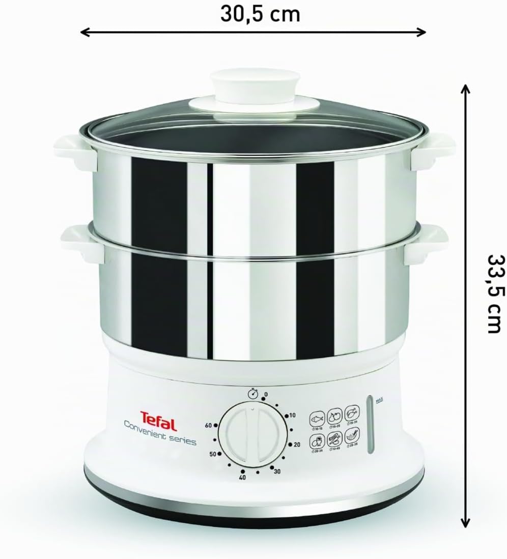 Tefal Dampfgarer VC1451 | 2 Edelstahlbehälter | 6L Fassungsvermögen | 24cm Durchmesser | Timer und a