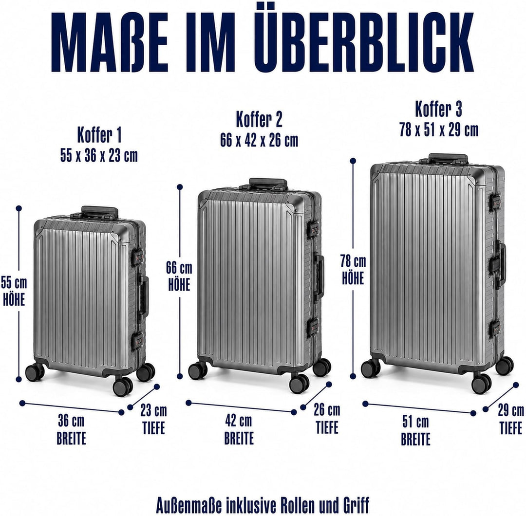 Travelhouse® Tokyo Aluminium Reisekoffer Set, 3 Trolleys 55cm + 65cm + 77cm mit 4 Doppelrollen, 100%