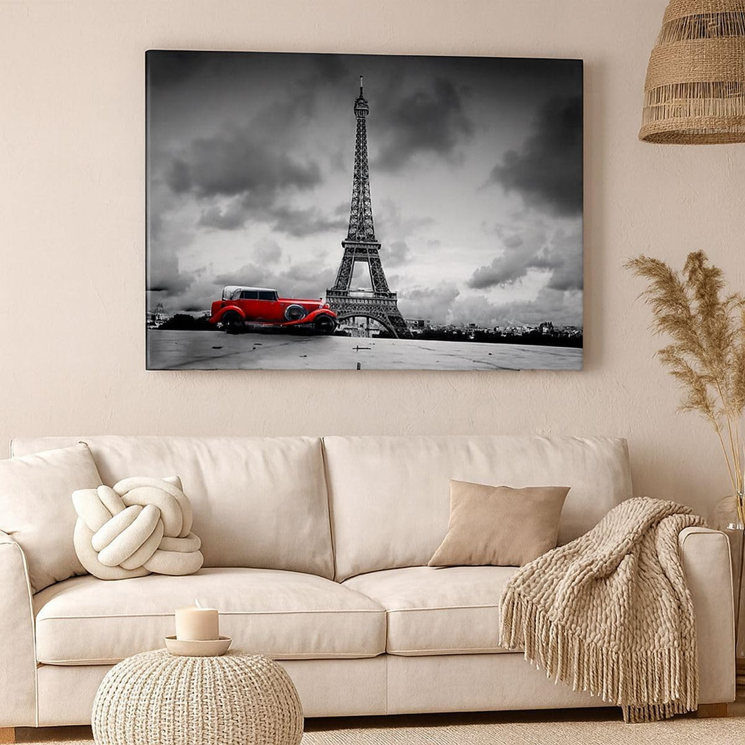Bilder auf Leinwand 100x70cm Leinwandbild Auto Eiffle Paris Stadt Gross Wanddeko Bild Schlafzimmer K