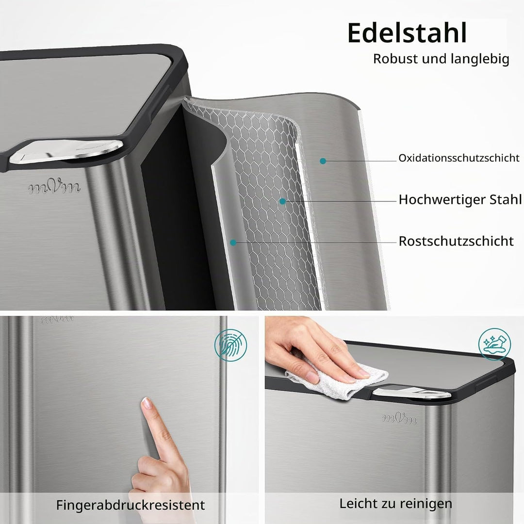 mVm Küchen &amp; Büromülleimer 60L, Edelstahl, Rechteckig, Mit Deckel &amp; Geruchsfilter, Sanftschliessend