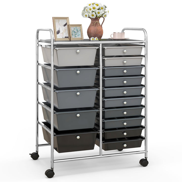 COSTWAY Rollwagen mit 15 stapelbaren Schubladen, Schubladenwagen Rollcontainer mit Metallgestell und