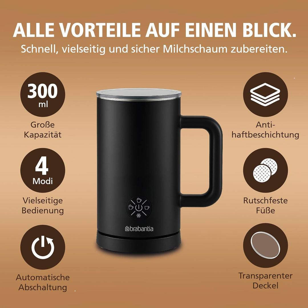 Brabantia Elektrischer Milchaufschäumer, 500 Watt, 300 ml, 4-in-1, BPA-frei, Warm- und Kaltaufschäum
