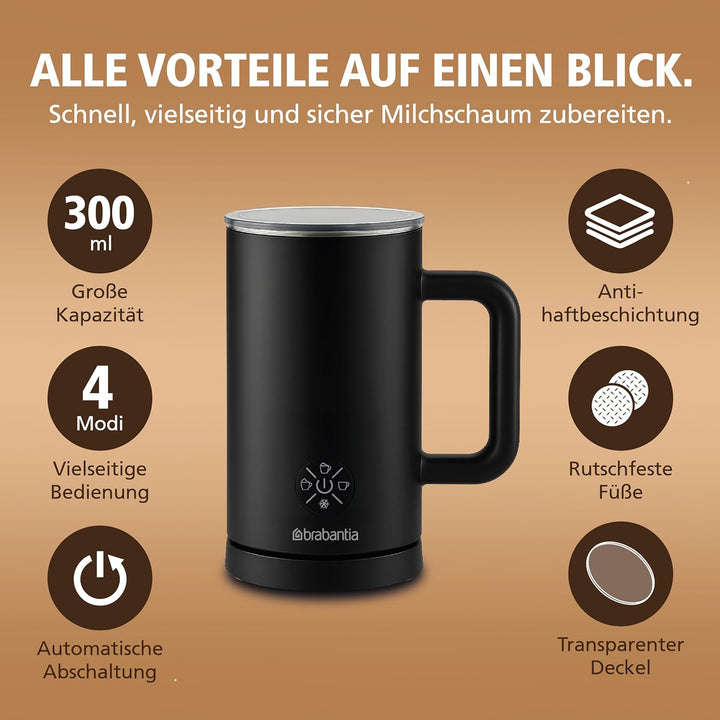 Brabantia Elektrischer Milchaufschäumer, 500 Watt, 300 ml, 4-in-1, BPA-frei, Warm- und Kaltaufschäum