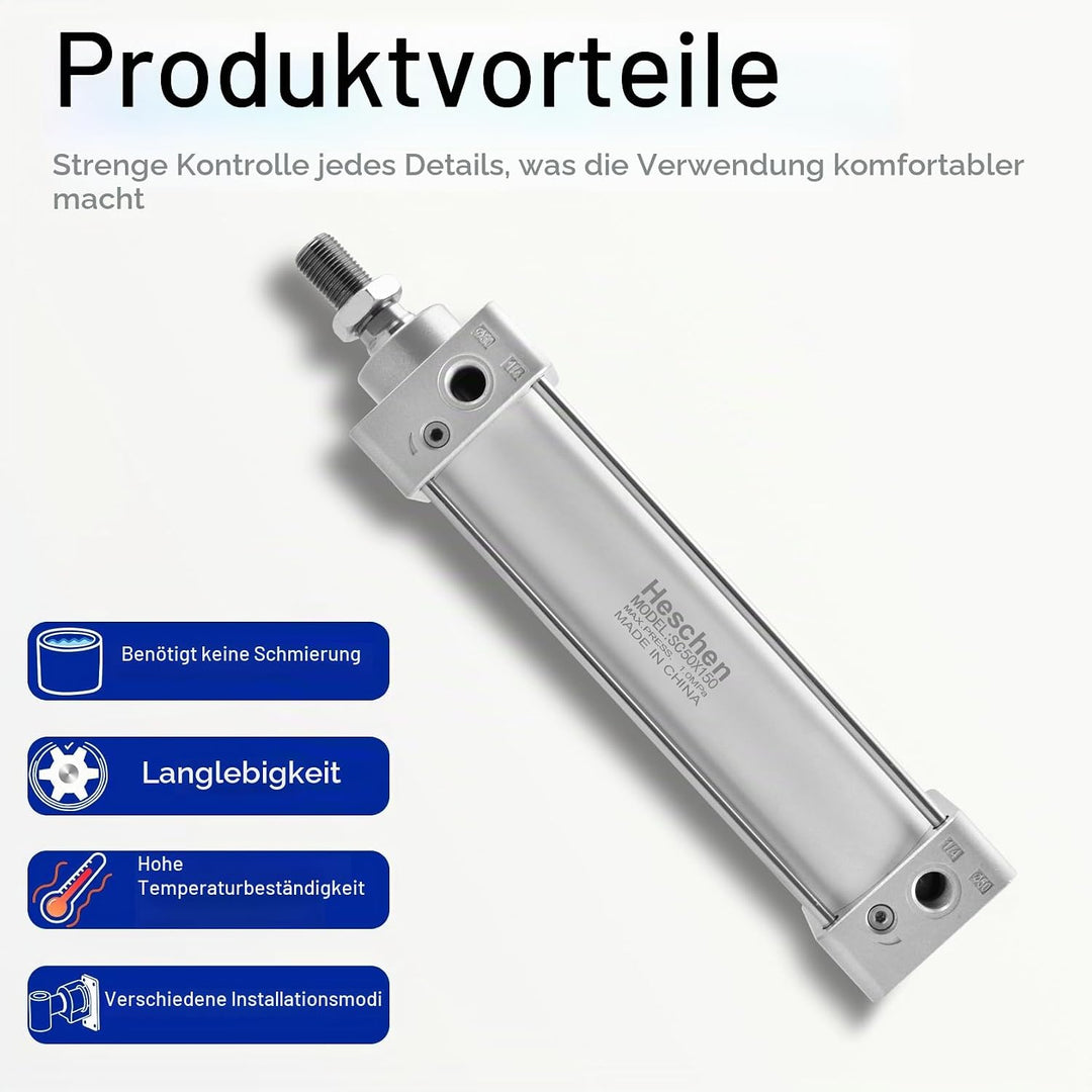 Heschen Pneumatischer Standard-Luftdruckzylinder, SC 50-150, PT1/4 Anschluss, 50mm Bohrung, 150mm Hu