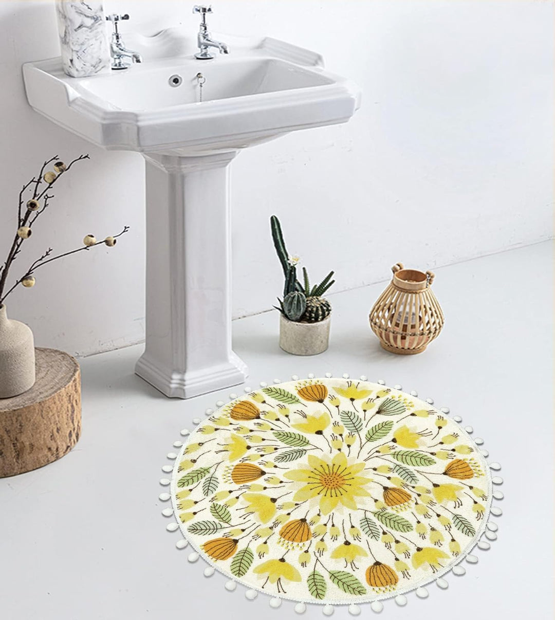 Uphome Runder Teppich, 51 cm, niedlicher Badteppich mit Pompons, Fransen, Blumenmuster, waschbar, Ba