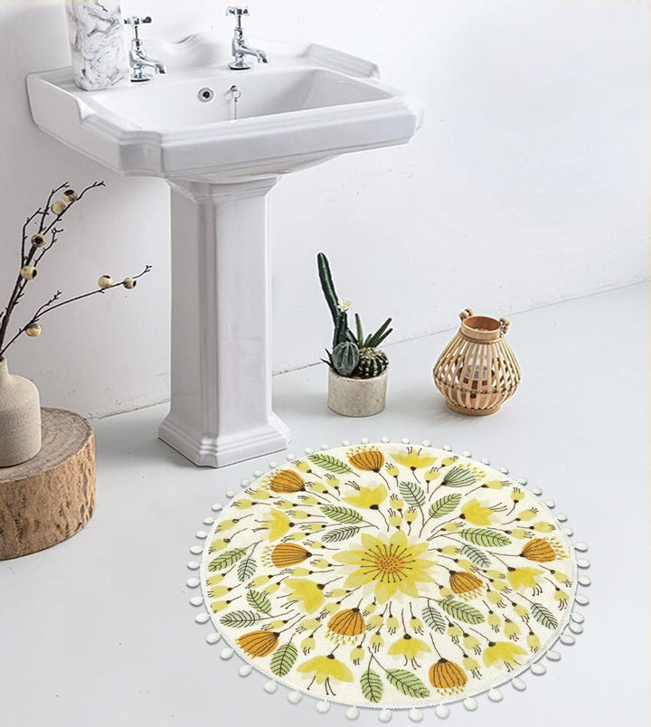 Uphome Runder Teppich, 51 cm, niedlicher Badteppich mit Pompons, Fransen, Blumenmuster, waschbar, Ba