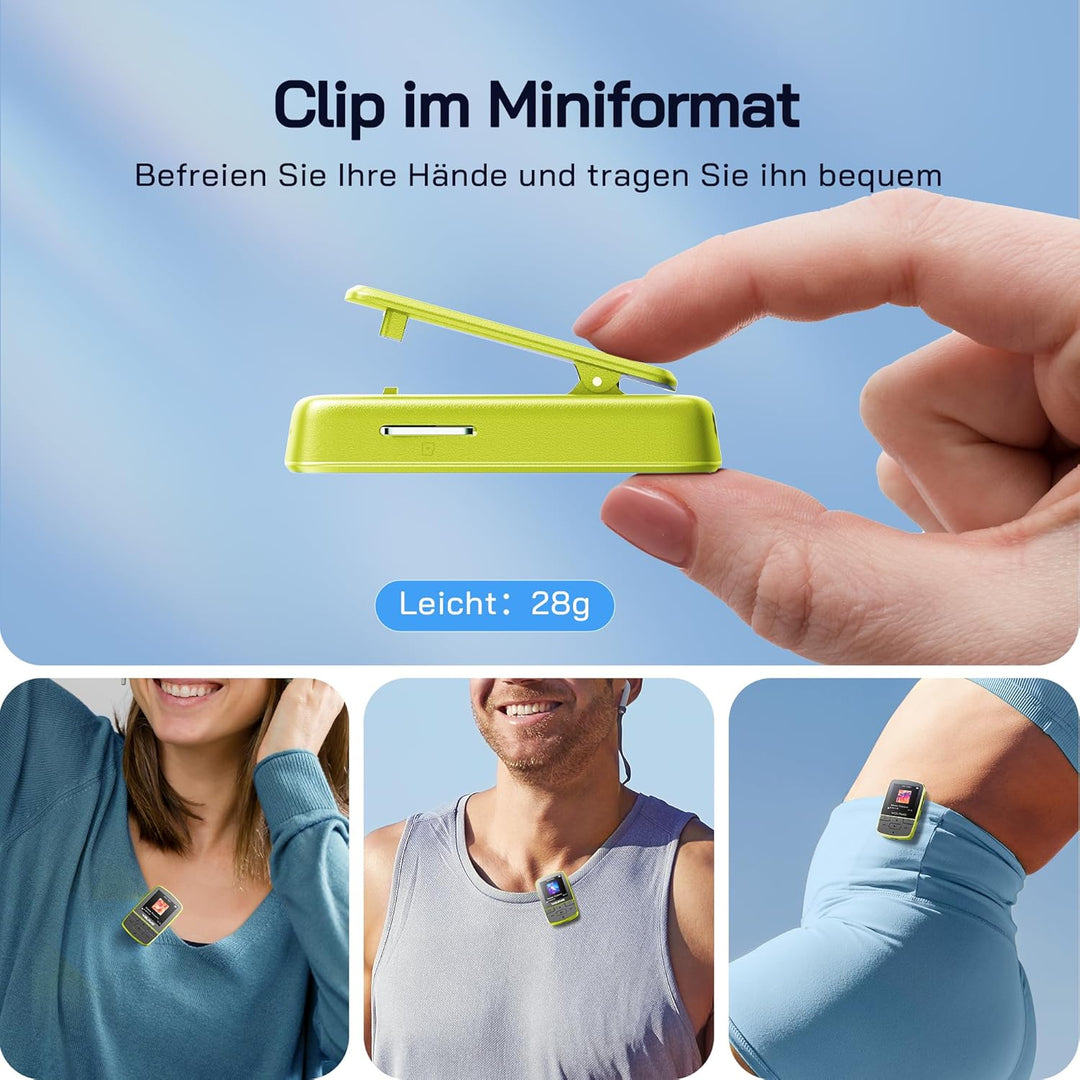 WOLFANG MP3-Player mit Bluetooth 5.2, Sportclip, Mini-Grösse, Gewicht 28,3 g, HiF-FM-Radio, Diktierg