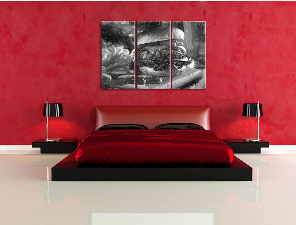 Pixxprint Saftiger Chili Cheese Burger Kohle Zeichnung Effekt 3-Teiler Leinwandbild 120x80 Bild auf
