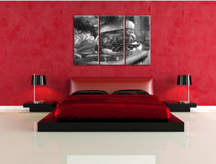 Pixxprint Saftiger Chili Cheese Burger Kohle Zeichnung Effekt 3-Teiler Leinwandbild 120x80 Bild auf