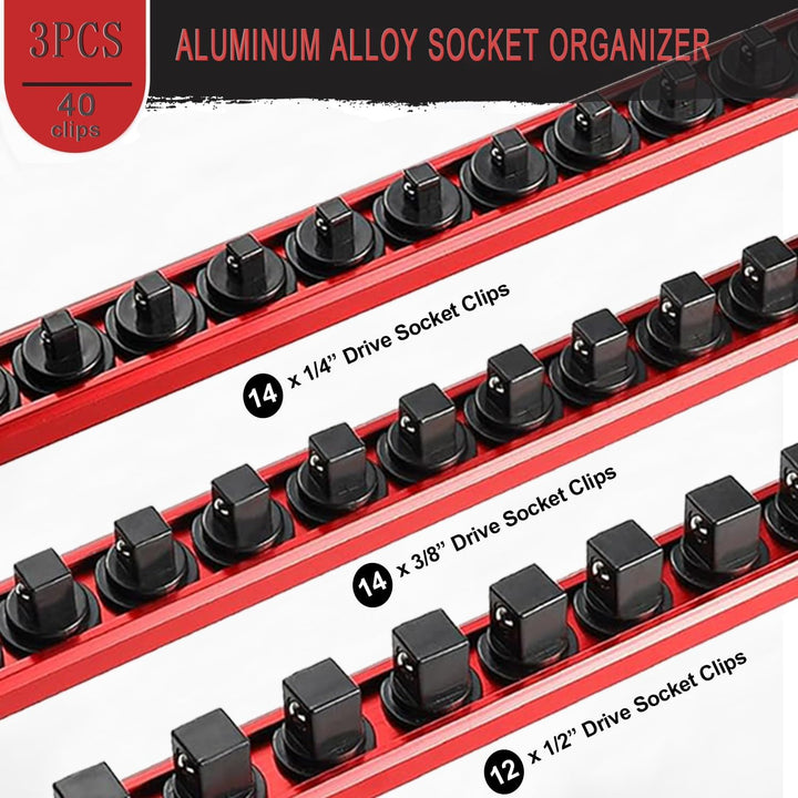 ACEBON Magnetische Stecknuss-Rail 3-tlg, Aluminium Steckschlüssel-Organizer mit 40 Drehbare Clips fü