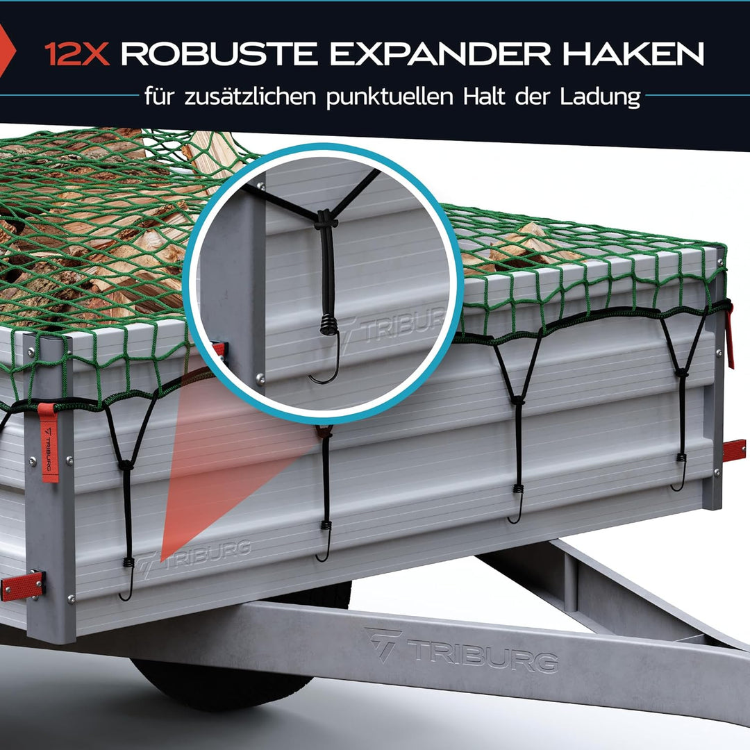 TRIBURG Anhängernetz 3,5x6 inkl. 12x Expander Haken - Anhänger Netz mit Eckmarkierungen und Randvers
