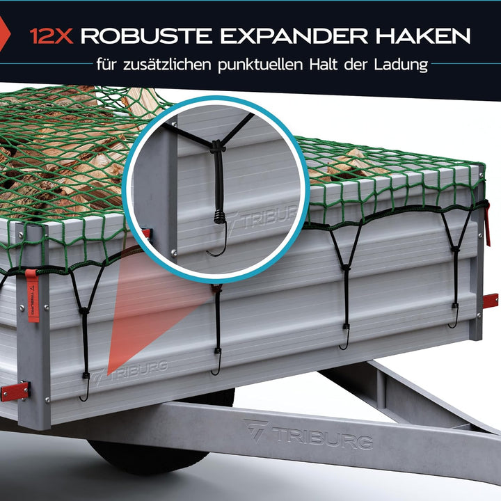 TRIBURG Anhängernetz 2,5x4,5 inkl. 12x Expander Haken - Anhänger Netz mit Eckmarkierungen und Randve