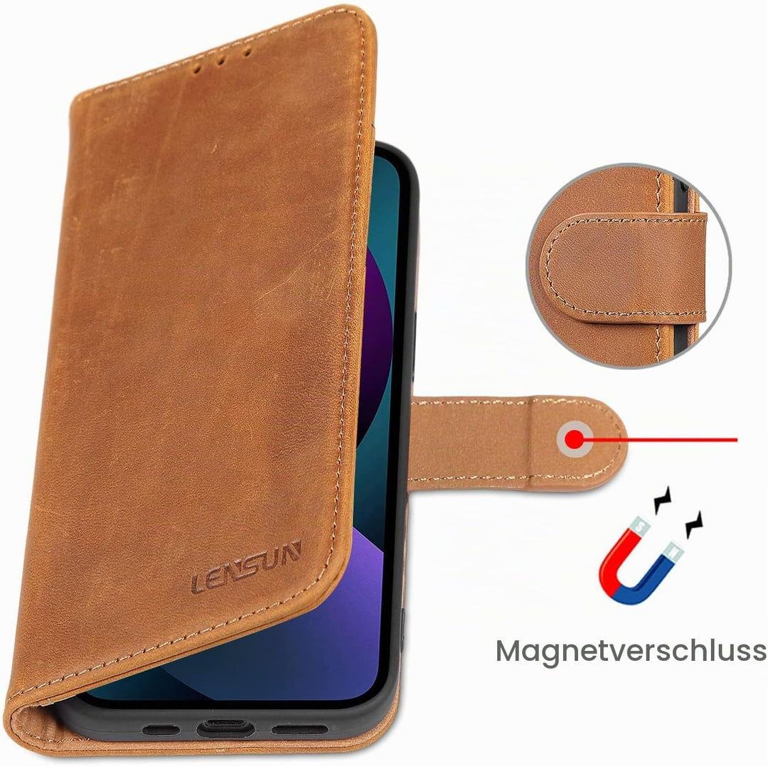 LENSUN Echtleder Hülle für iPhone 13 5G, Handyhülle [Echtes Leder][Magnetverschluss][RFID Schutz] Ha