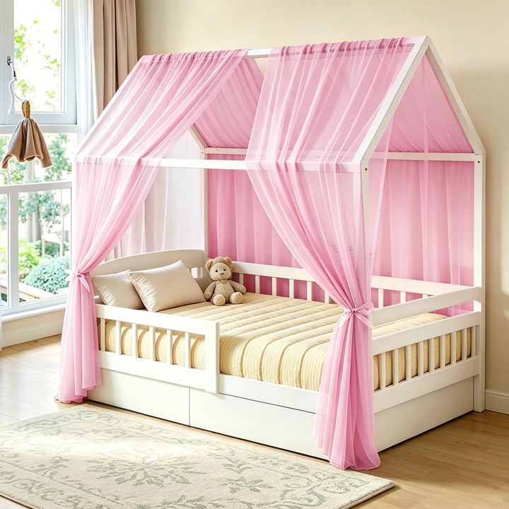Hausbett Himmel 2er Set aus Voile, Betthimmel und Bettvorhang für Kinderbett, Kinderzimmer Deko für