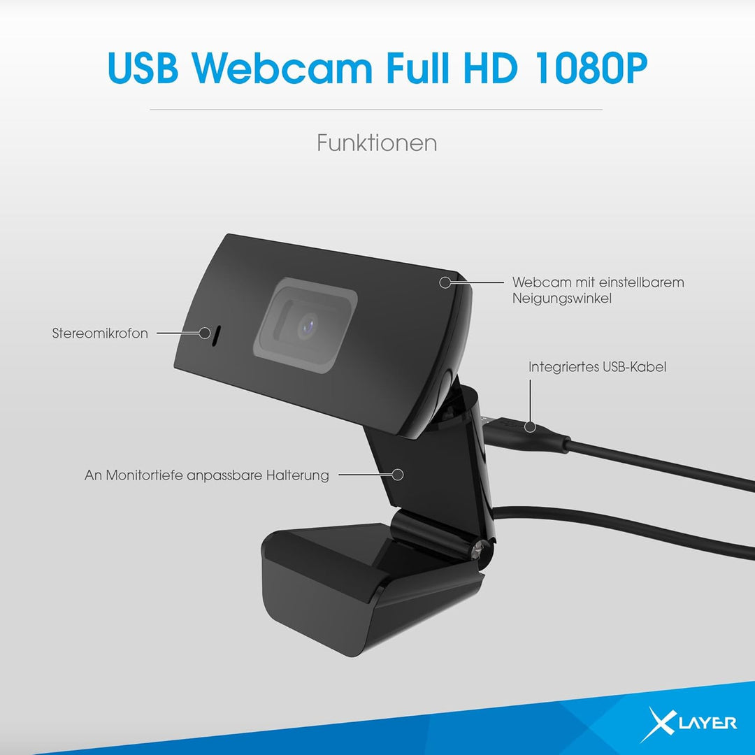 Xlayer Webcam 1080p I Full HD - Webcam mit Mikrofon I Plug & Play I Sichtfeld mit 70° I USB-Anschlus