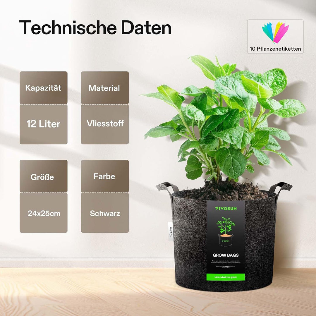 VIVOSUN 5er-Packung 12L hochbelastbare verdickte Stofftöpfe, Pflanzsack aus Vliesstoff mit Griffen f