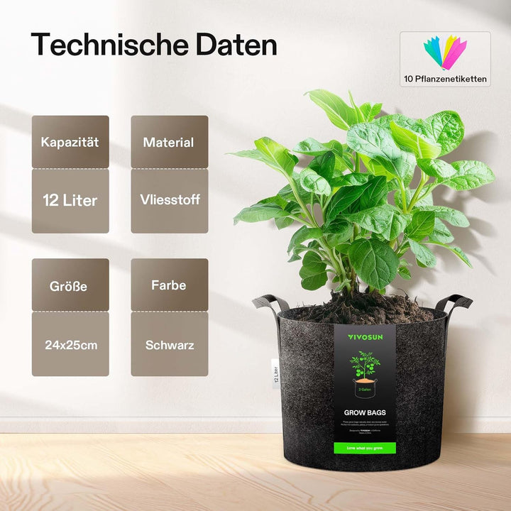 VIVOSUN 5er-Packung 12L hochbelastbare verdickte Stofftöpfe, Pflanzsack aus Vliesstoff mit Griffen f