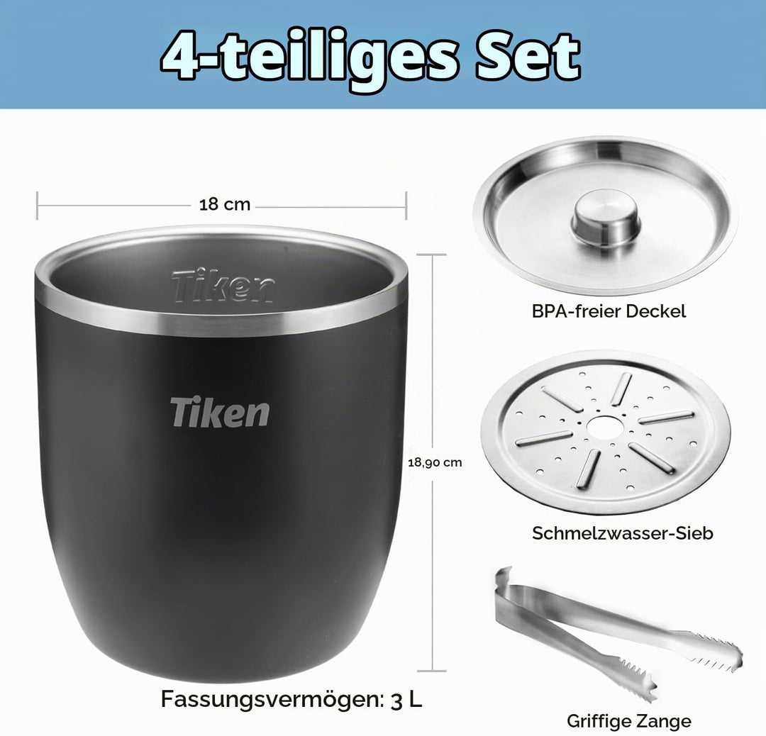 Tiken 3L Edelstahl Eiseimer mit Deckel und Zange Doppelwandiger Vacuum Isolierter Eiskübel Eiswürfel