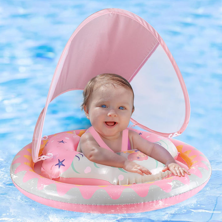 Thedttoy Schwimmring Baby mit Dual Airbag und UPF50+ Sonnendach, Baby Schwimmreifen Verstellbarer Au