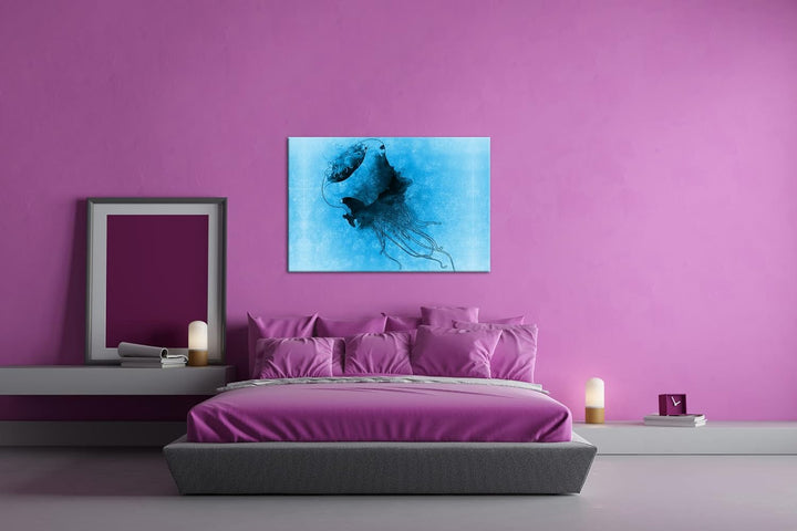deyoli Zeichnung einer Qualle Format 80x60 Effekt: Monocrome Blau als Leinwandbild, Motiv fertig ger