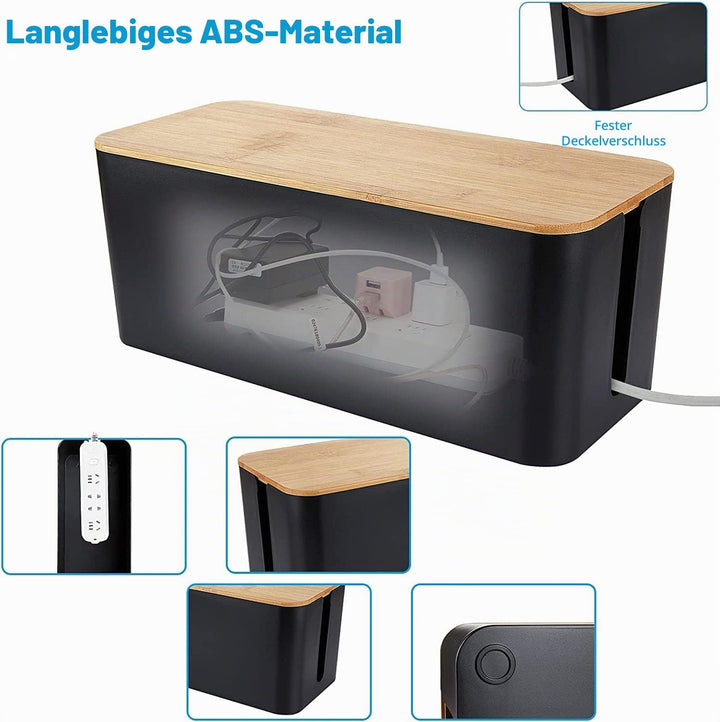 SENENQU 3er-Set Kabelbox Schwarz, Grosse Kabel Organizer Box mit Holzdeckel für Kabel, Grosse und Kl