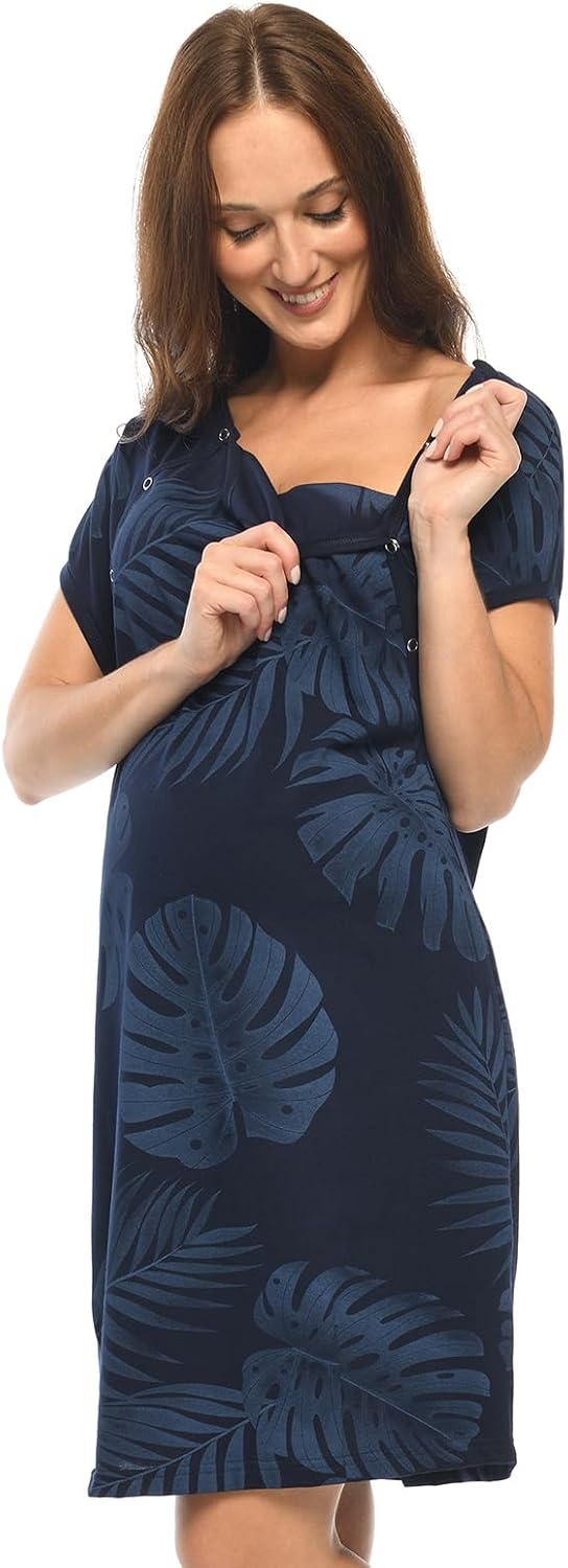MijaCulture 3 in1 Geburtskleid Stillnachthemd Umstandsnachthemd 4123 Dunkelblau/Palmen S, Dunkelblau