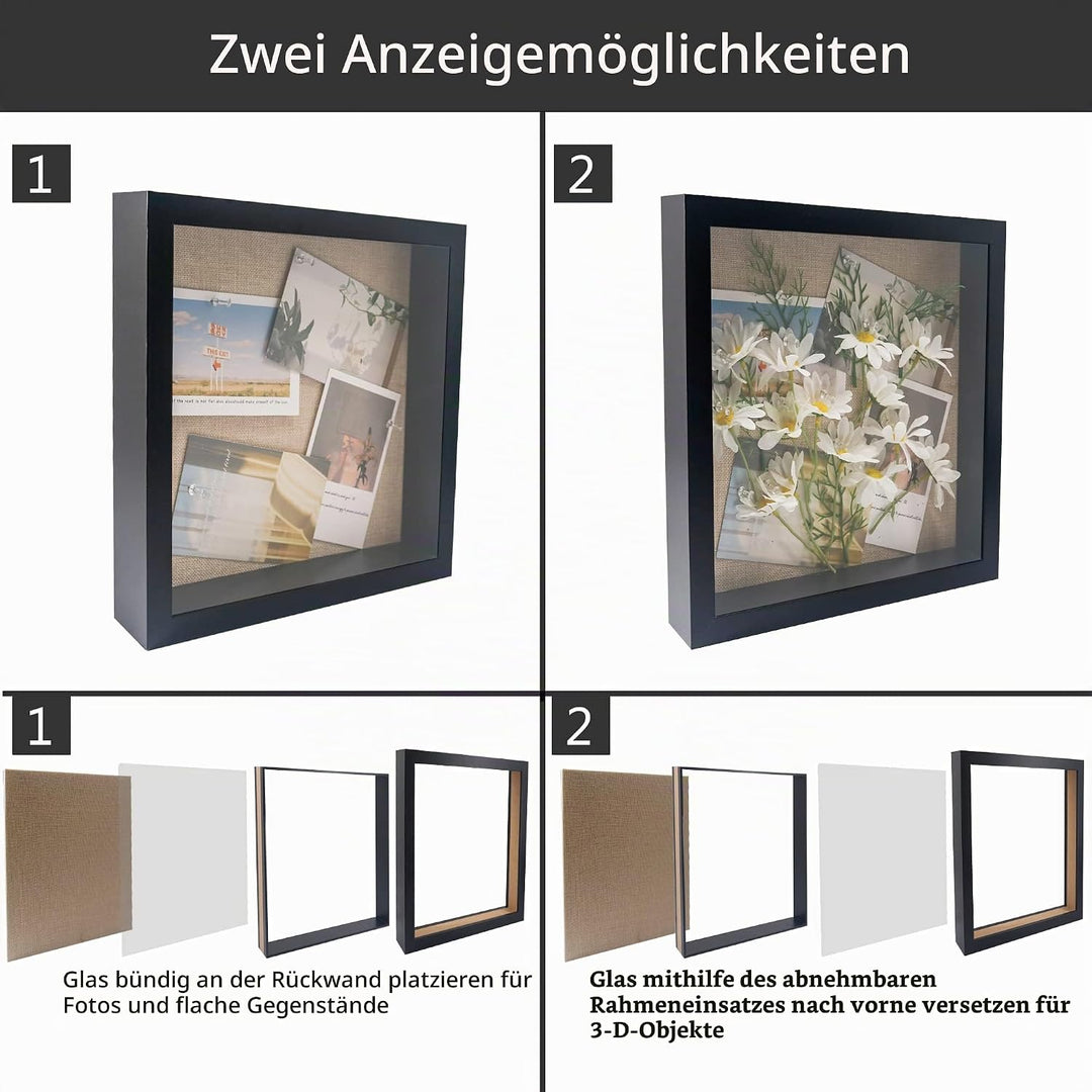 GraduatePro 3D bilderrahmen 30x30 zum befüllen gross schaukasten Wand für Schwarz Objektrahmen Hochz