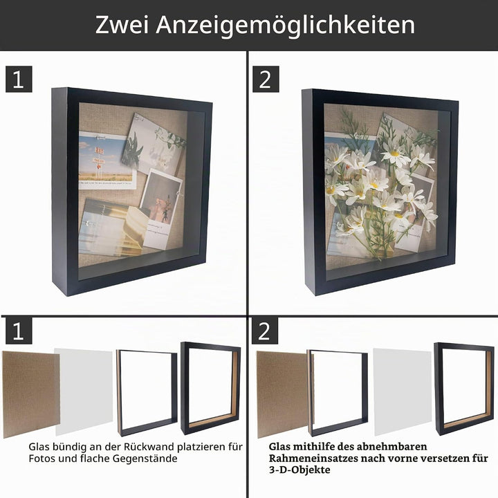 GraduatePro 3D bilderrahmen 30x30 zum befüllen gross schaukasten Wand für Schwarz Objektrahmen Hochz
