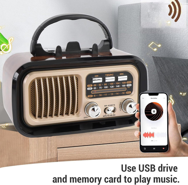 Retro -Radio mit BT -Lautsprecher, Tragbarem AM -FM -Radio -Lautsprecher, USB -Wiedergabe, Solar -Ba