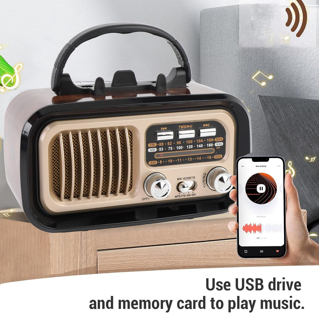 Bluetooth-Retro-Radio, FM-Transistor, Kleiner AM-Transistor, batteriebetriebenes Radio mit oder Sola