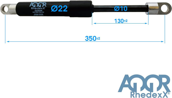 RhedexX® Gasdruckfeder 350/130 100N-1250N Gasdruckdämpfer mit M8 Gewinde Augenaufnahme (200 N), 200