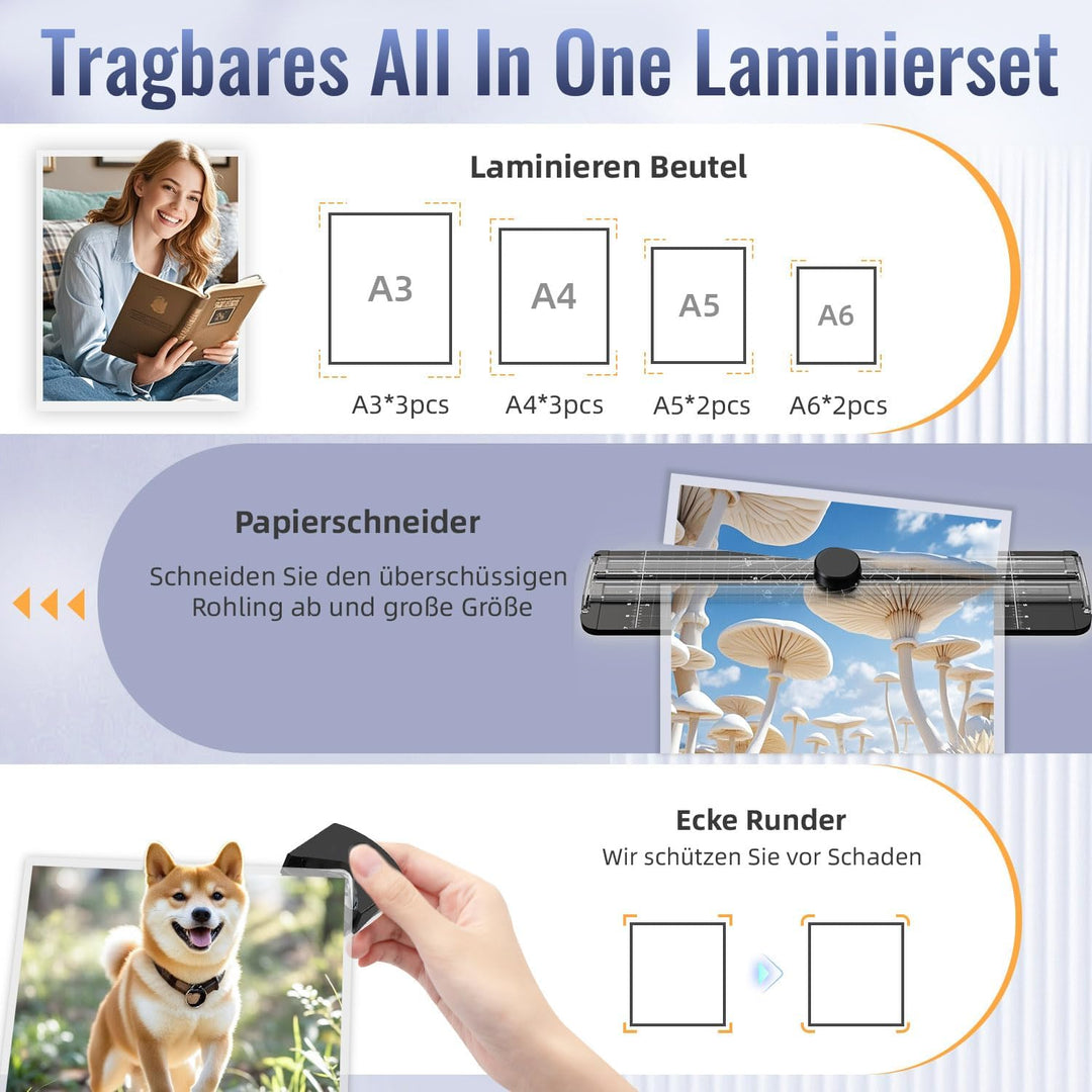 MAXDONE Laminiergerät A3, Laminiergerät, 2-Walzen System mit Papierschneider & Eckrunde, Heiss und K