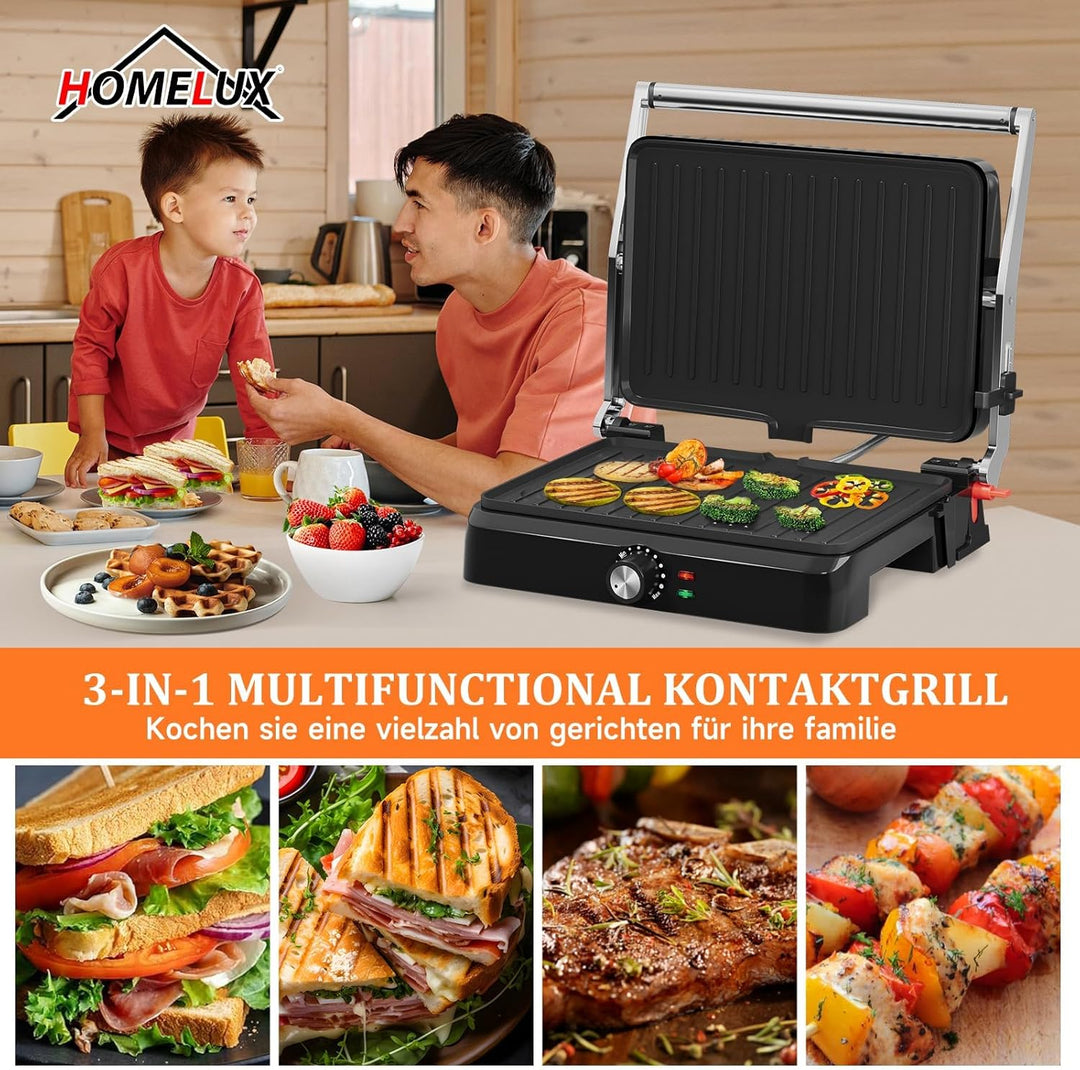 HOMELUX Kontaktgrill 2200W Panini Grill Sandwichmaker für Sandwiches, Steakmit 34x23cm Antihaftplatt
