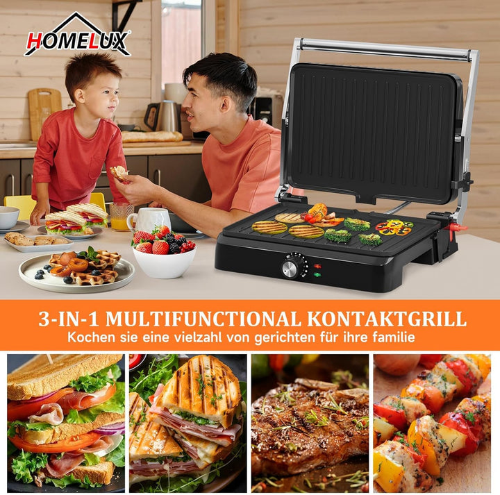 HOMELUX Kontaktgrill 2200W Panini Grill Sandwichmaker für Sandwiches, Steakmit 34x23cm Antihaftplatt