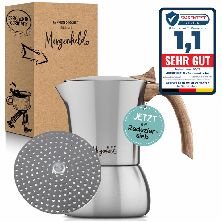 FLOW Premium Edelstahl Espressokocher mit Reduziersieb für 2 bis 4 Tassen 200ml - Espressomaker indu