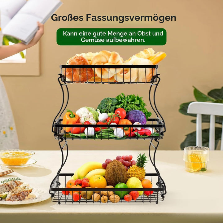 VINATO Obstschale, 3-stöckige Moderner Obstkorb mit Holzgriffen, für Küche, Bad &amp; Mehr – Ideal für O